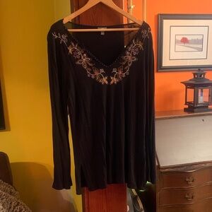J. Jill Black Blouse with Colorful Embroidery